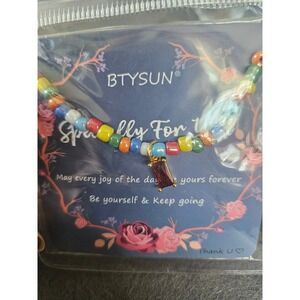 BTYSUN Multicolor Beaded Necklace Red Baguette Crystal Charm Gold Tone 16 in